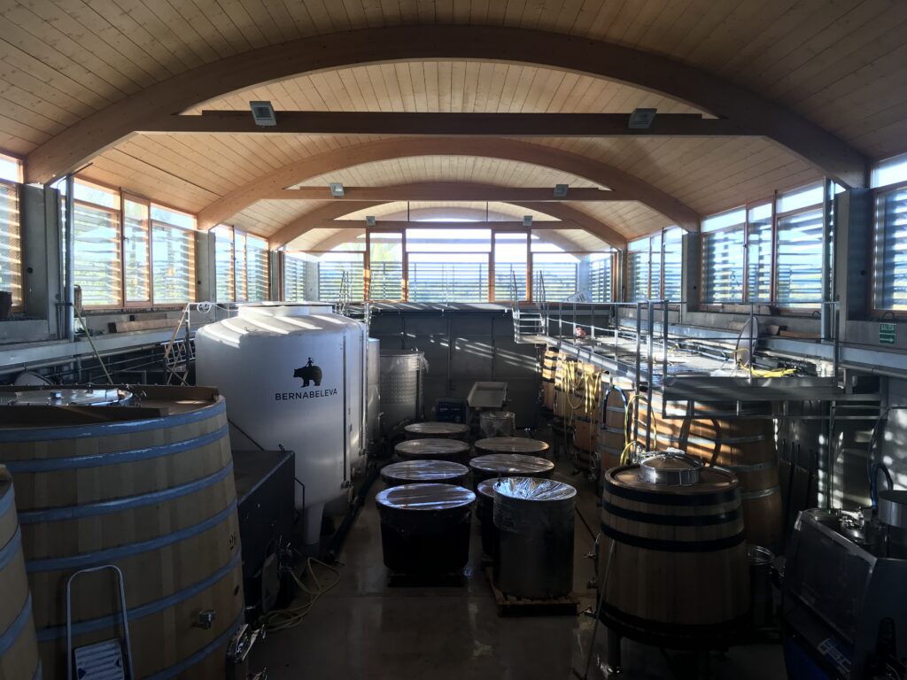 Interior de la moderna bodega Bernabeleva en San Martín de Valdeiglesias, con depósitos de fermentación y barricas de roble para la crianza de vinos de Gredos.