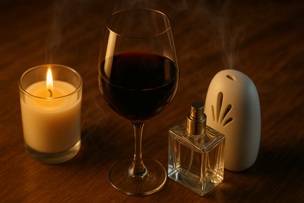 Copa de vino junto a una vela, un perfume y un ambientador para ilustrar la interferencia de olores en una cata.
