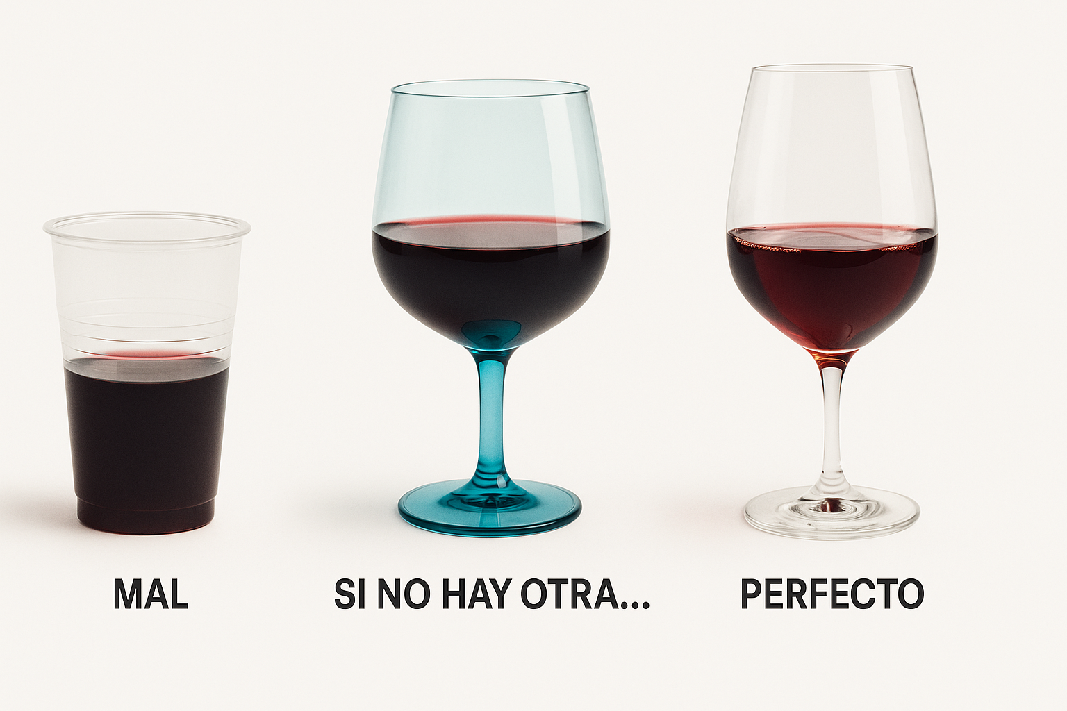 Comparación de tres recipientes de vino con etiquetas "MAL", "SI NO HAY OTRA..." y "PERFECTO", destacando la importancia de la copa en la cata.
