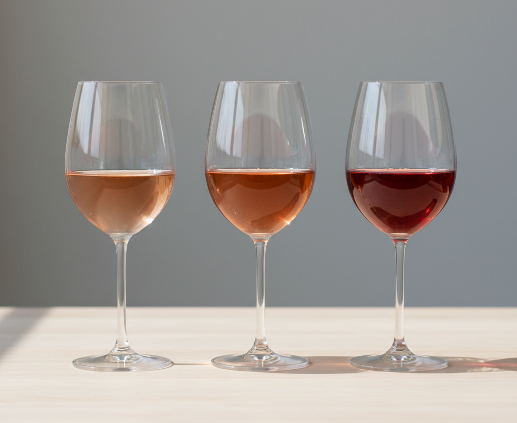 res copas de vino alineadas sobre una mesa, cada una con un vino rosado de una tonalidad diferente, desde el rosa pálido al frambuesa intenso.