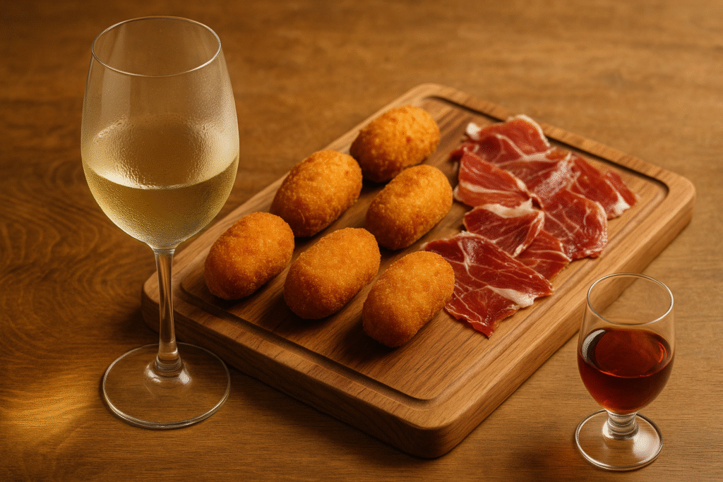 Maridaje básico croquetas jamón ibérico vino blanco copas tabla madera