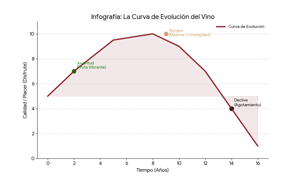 Infografía curva de evolución del vino desde juventud hasta apogeo y declive con el tiempo