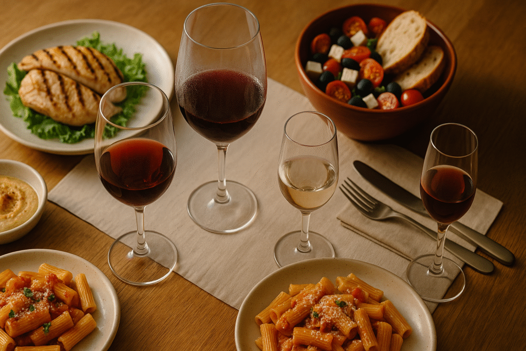 Mesa cata vinos tintos blancos maridajes múltiples platos pasta ensalada copas