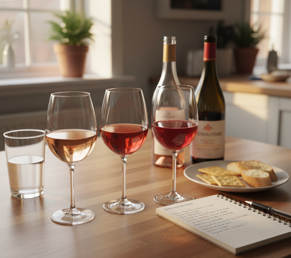 Escena de una cata de vinos rosados con tres copas servidas, botellas al fondo, un cuaderno de notas y galletas sobre una mesa de madera.