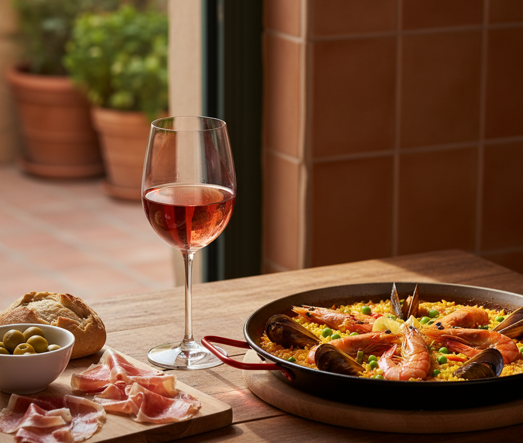 Una mesa de madera en una terraza con una paella de marisco, una copa de vino rosado, jamón serrano y aceitunas, representando un maridaje mediterráneo.
