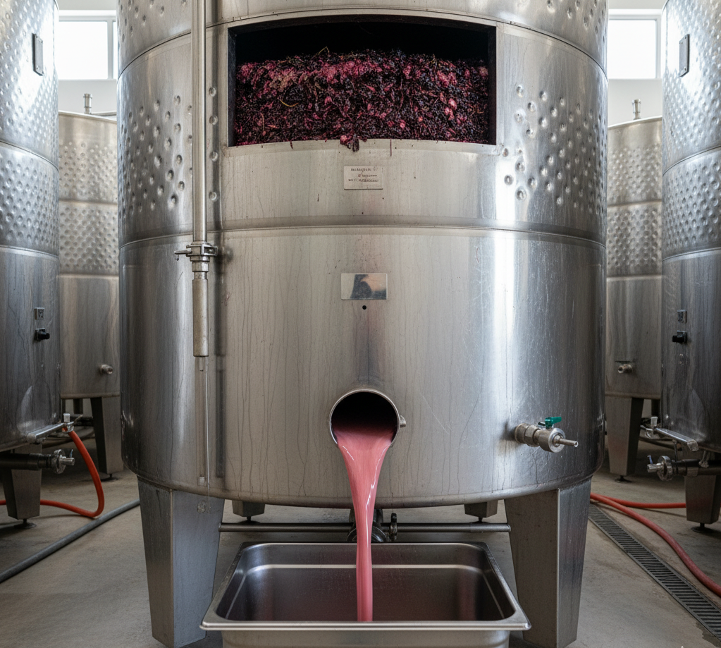 Proceso de sangrado o "saignée" en una bodega. Mosto de color rosa fluyendo desde un depósito de fermentación de acero inoxidable lleno de uvas tintas.