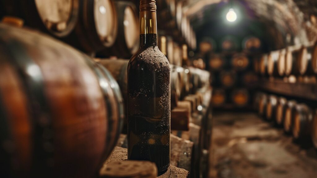 Botella de vino con crianza en bodega tradicional cubierta de polvo del tiempo