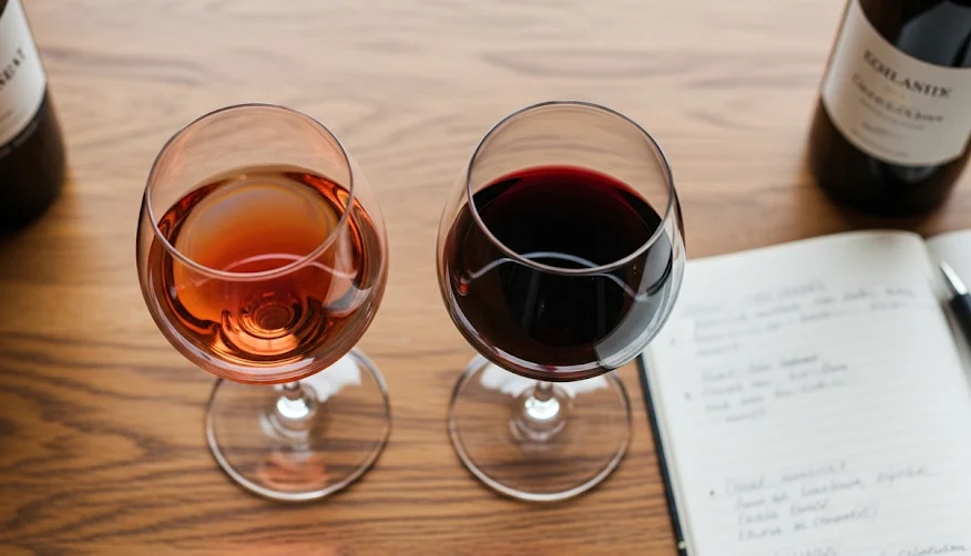 Vista cenital de dos copas de vino, una con vino rosado y otra con tinto, sobre una mesa de madera junto a un cuaderno con notas de cata escritas a mano.