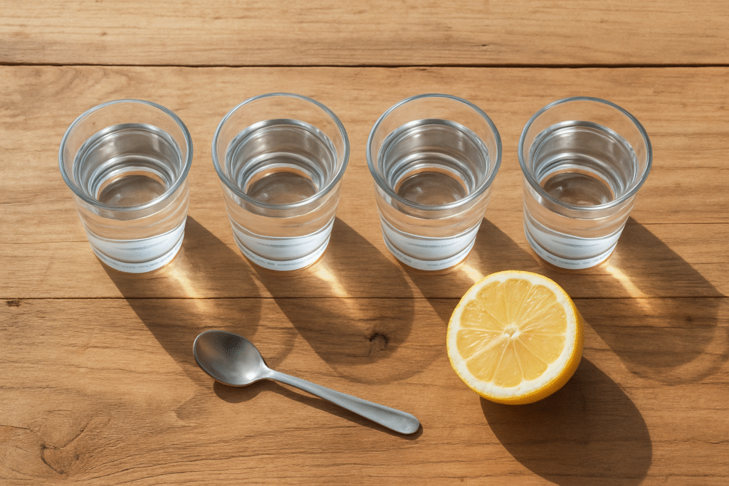 Cuatro vasos de agua alineados sobre una mesa de madera junto a medio limón y una cuchara, preparados para un ejercicio de cata.