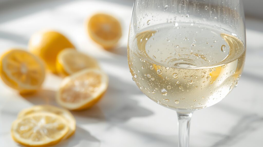 Primer plano de una copa de vino blanco muy fría con gotas de condensación y limones cortados desenfocados al fondo.