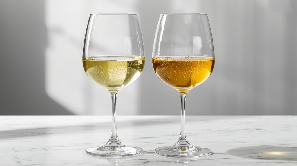 Dos copas de vino blanco una al lado de la otra, mostrando diferentes tonalidades, una de un amarillo pálido y otra de un dorado más intenso.