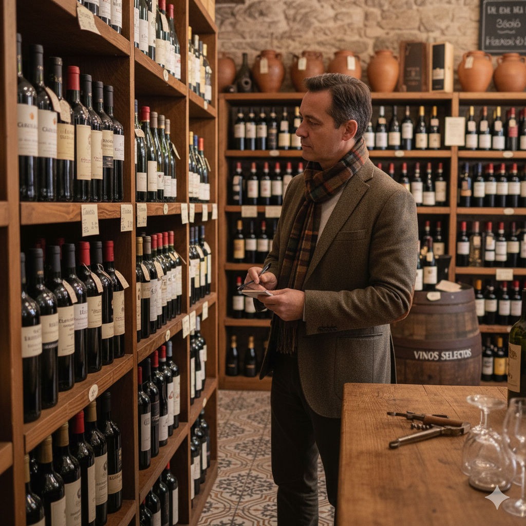 Un hombre con bufanda en una tienda de vinos seleccionando una botella y tomando notas en un cuaderno frente a una estantería de madera, para elegir un vino.