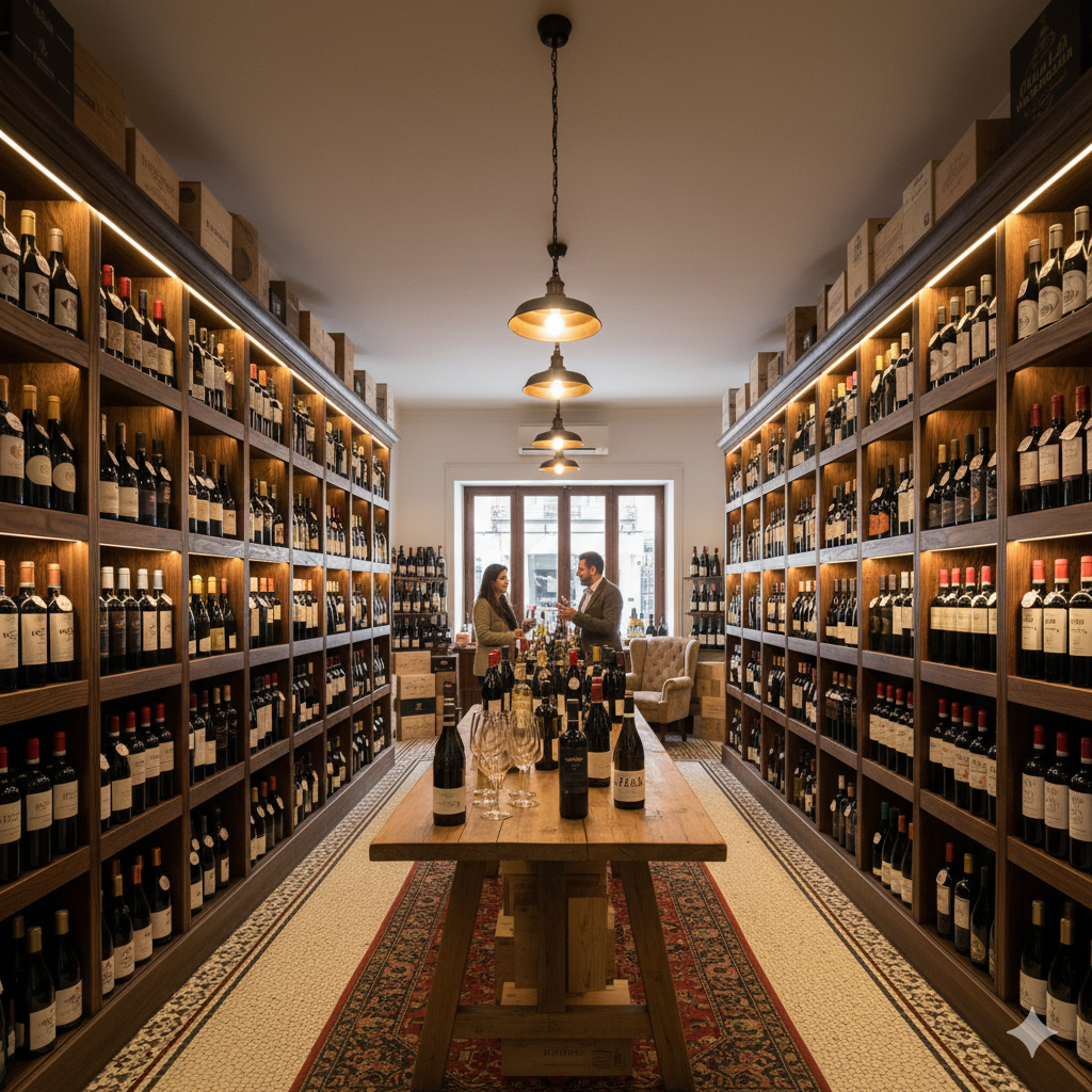 Interior de una vinoteca elegante con dos pasillos largos de estanterías de madera llenas de botellas de vino, y dos personas hablando al fondo.