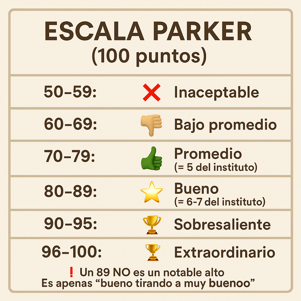 Gráfico que muestra la Escala Parker de 100 puntos para valorar vinos, con sus rangos de puntuación, significado y símbolos.