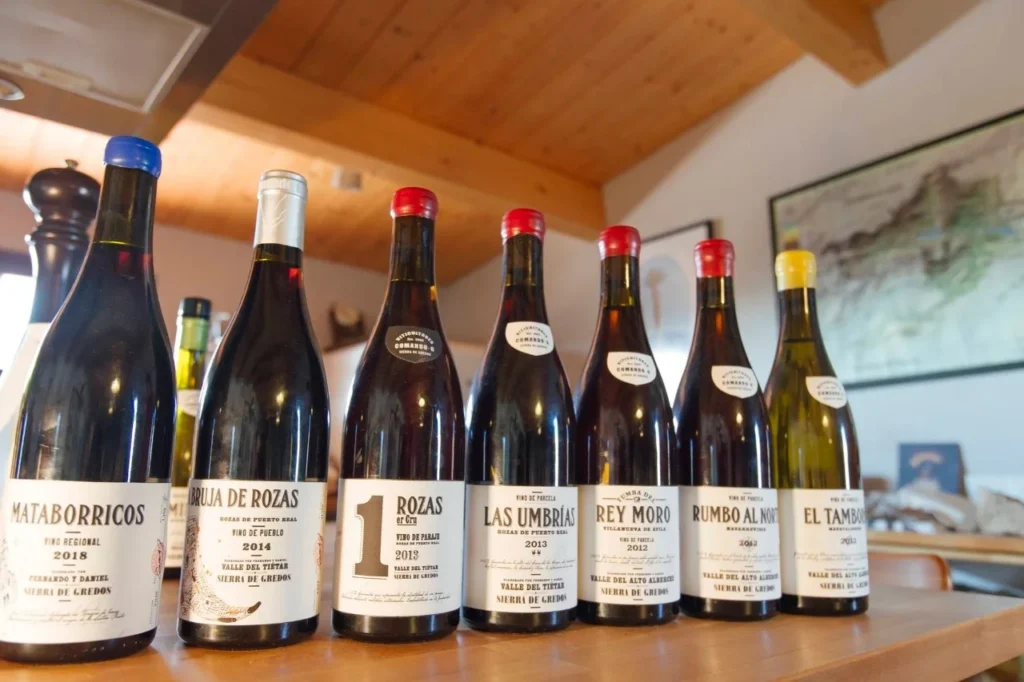 Colección de botellas de vino de Comando G alineadas, incluyendo 'La Bruja de Rozas', 'Rozas', 'Las Umbrías', 'Rey Moro', 'Rumbo al Norte' y 'El Tamboril', con el nombre de la bodega y la añada en las etiquetas.