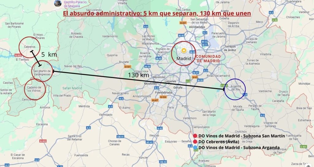 Mapa de la Comunidad de Madrid y Ávila que muestra las subzonas de la D.O. Vinos de Madrid (San Martín y Arganda del Rey) y la D.O. Cebreos (Ávila), con líneas que indican 5 km y 130 km de distancia entre ellas.