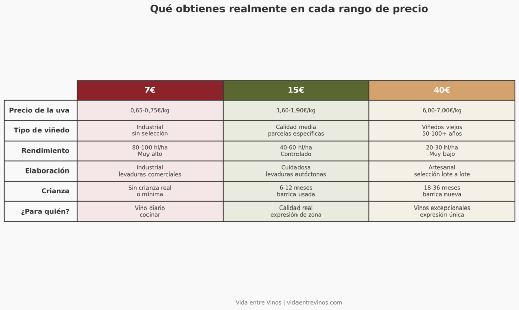 Tabla comparativa calidad vino según precio uva viñedo elaboración crianza diferencias 7 15 40 euros España