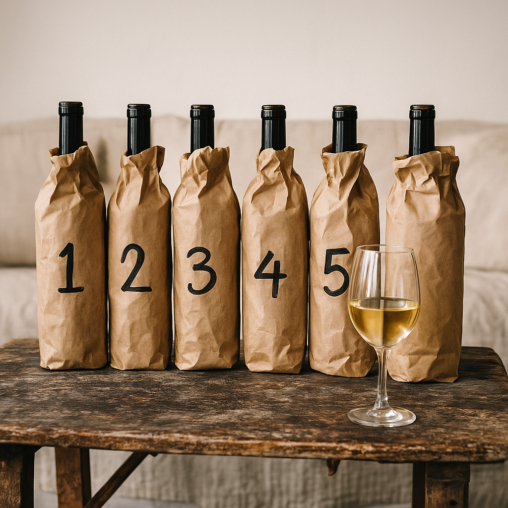 Botellas de vino cubiertas con bolsas numeradas para una cata a ciegas.