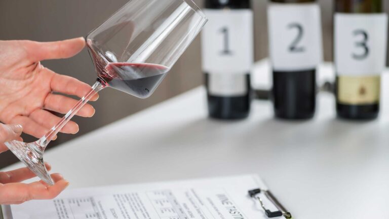 Persona evaluando un vino tinto con una hoja de cata en la mano.